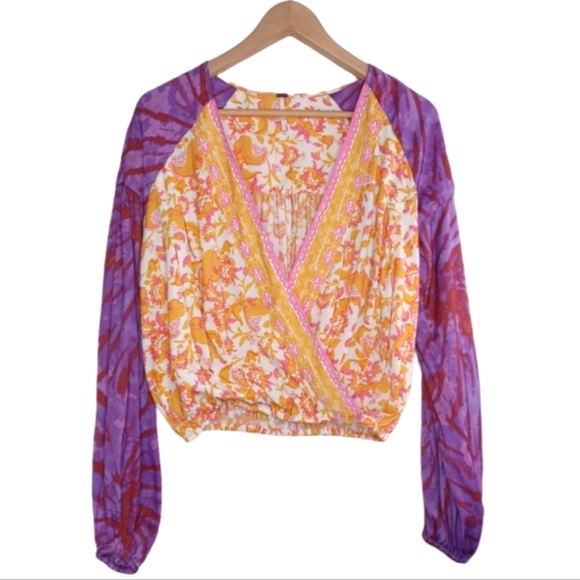 Free People Cruisin Together Printed Boho Gypsy Puff Sleeve Blouse - Picture 2 of 14